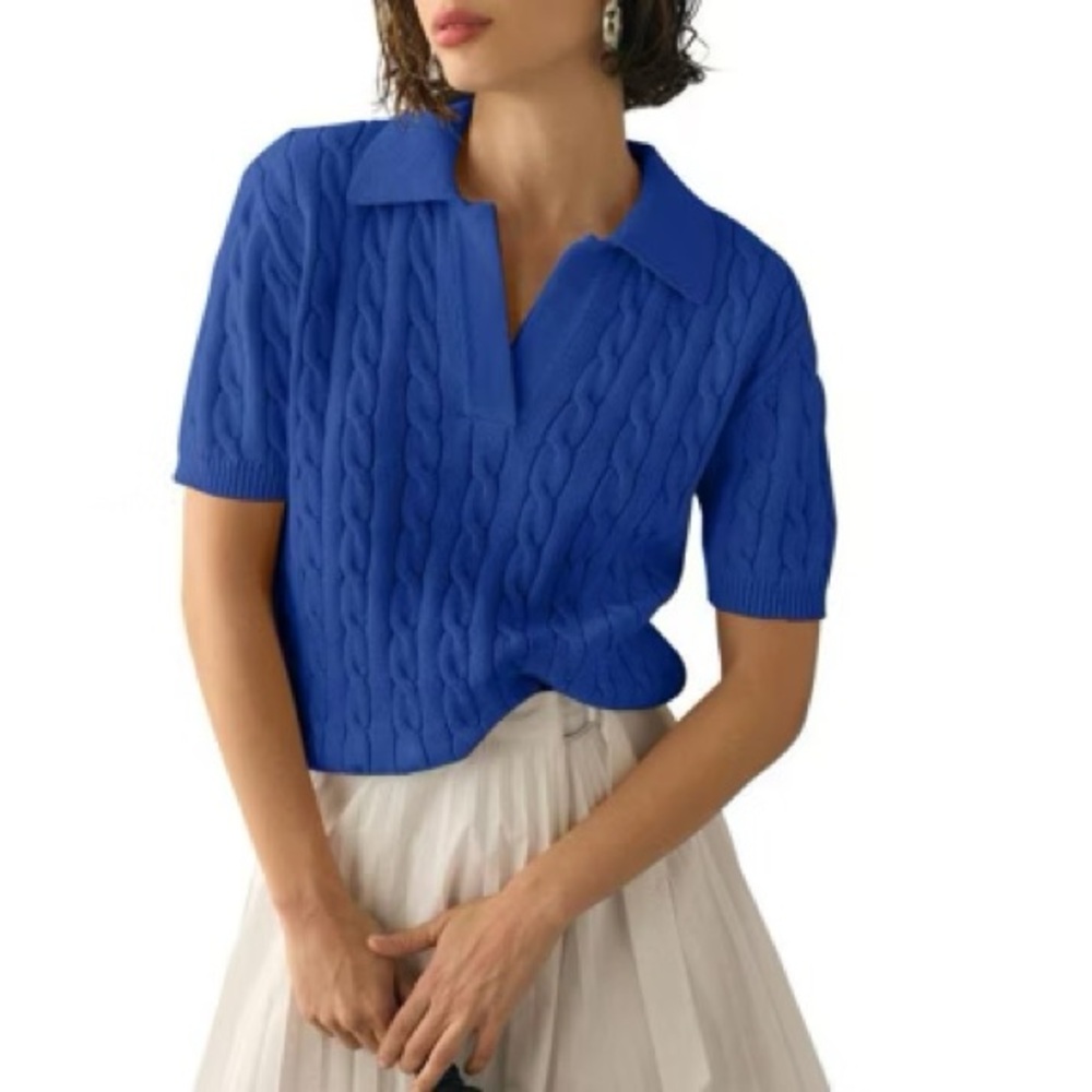 Short Sleeve Sweater Top - Cable Knit Casual Summer V Neck Polo